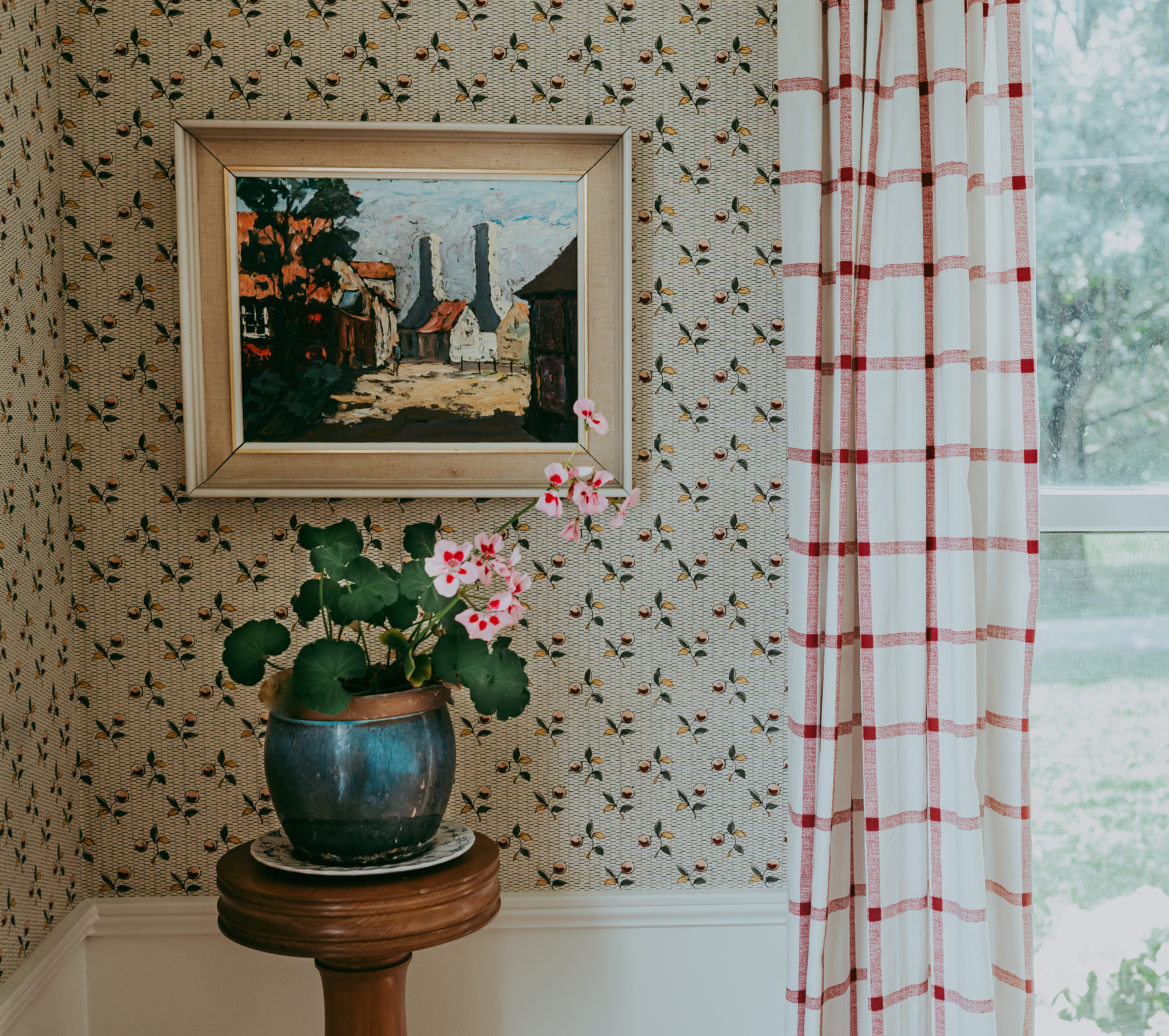 A bright room with houseplants gathered by a window